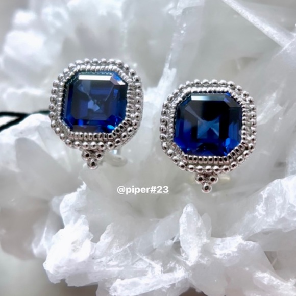 NWT Judith Ripka Asscher-cut Blue Sapphire Estate Stud Earrings - Picture 3 of 11